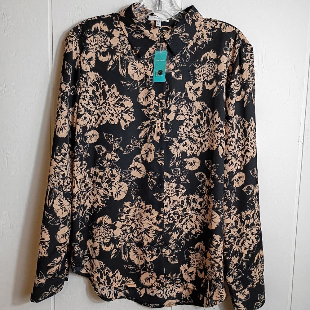 Womens M Black Cream Floral Button Down Blouse Goth Cottagecore Dark Academia